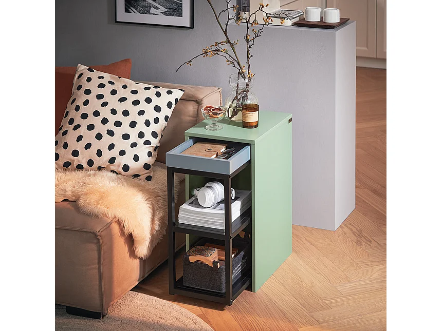 SoBuy FBT145-GR Bout de Canapé sur Roulettes Table Gigogne Table de Chevet Étroite Table de Nuit 1 Plateau et 2 Étagères