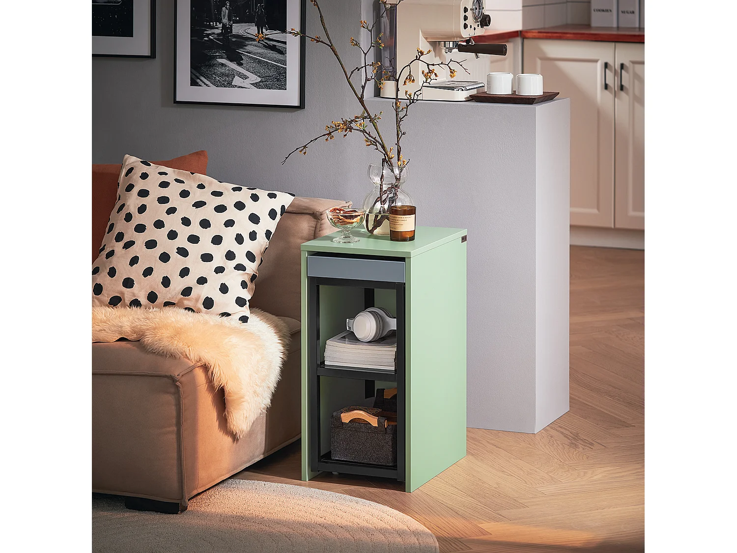 SoBuy FBT145-GR Bout de Canapé sur Roulettes Table Gigogne Table de Chevet Étroite Table de Nuit 1 Plateau et 2 Étagères