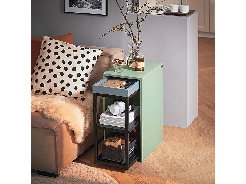 SoBuy FBT145-GR Bout de Canapé sur Roulettes Table Gigogne Table de Chevet Étroite Table de Nuit 1 Plateau et 2 Étagères