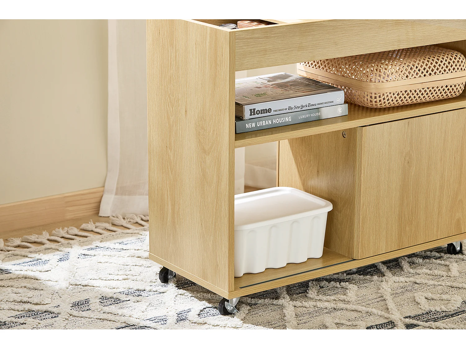 SoBuy FBT152-N - Table d'appoint à roulettes 2 portes coulissantes Naturel L30cm x L70cm x H60cm