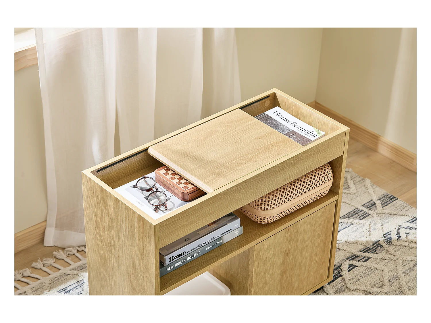 SoBuy FBT152-N - Table d'appoint à roulettes 2 portes coulissantes Naturel L30cm x L70cm x H60cm