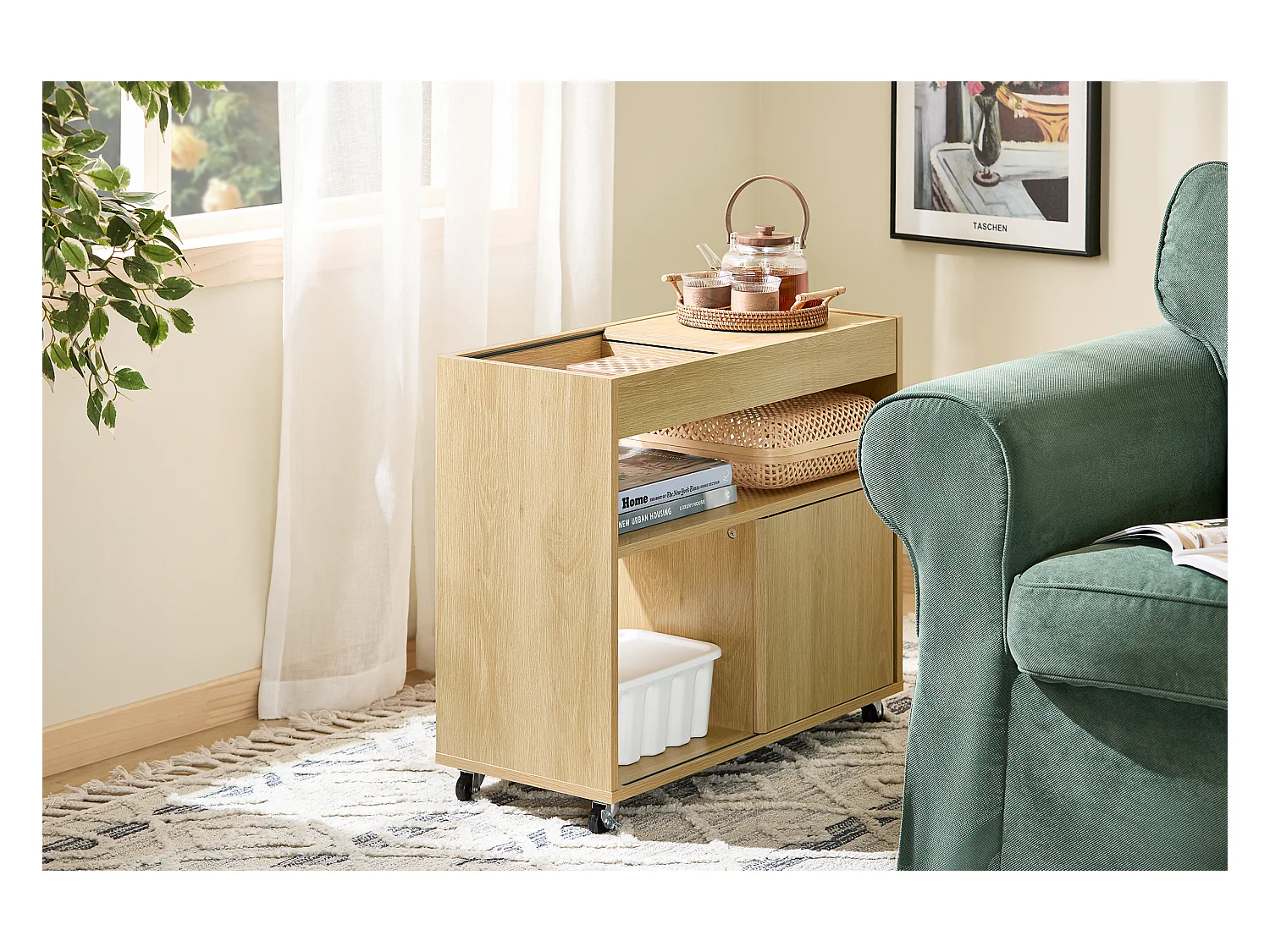 SoBuy FBT152-N - Table d'appoint à roulettes 2 portes coulissantes Naturel L30cm x L70cm x H60cm