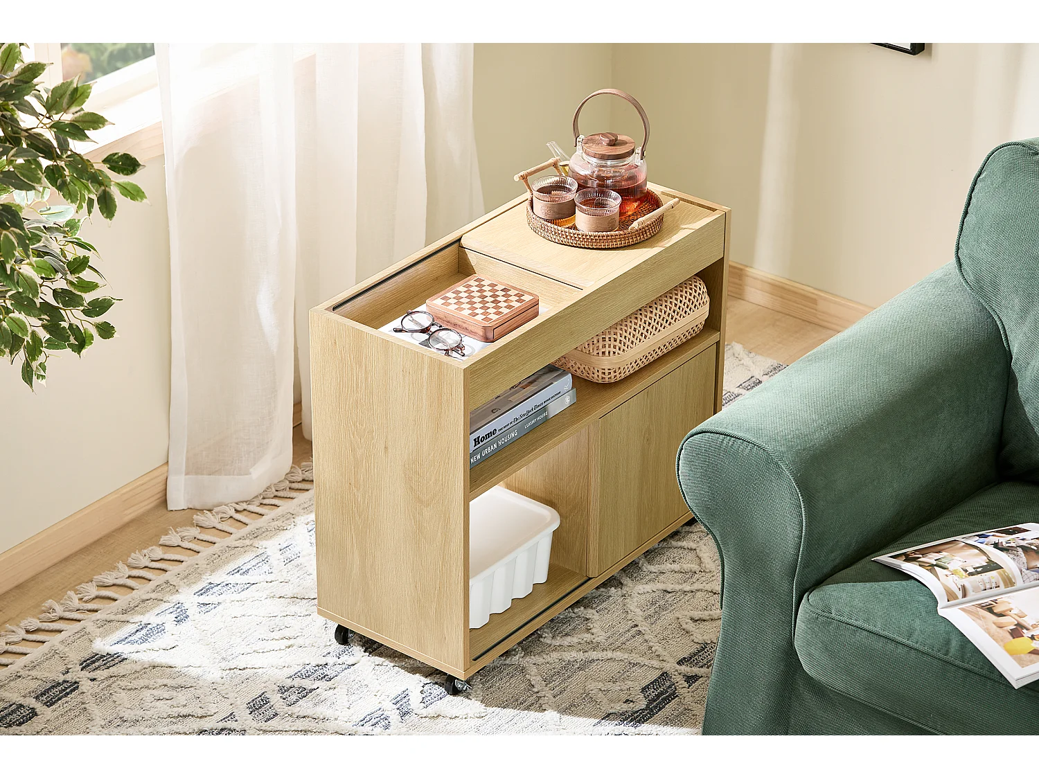 SoBuy FBT152-N - Table d'appoint à roulettes 2 portes coulissantes Naturel L30cm x L70cm x H60cm