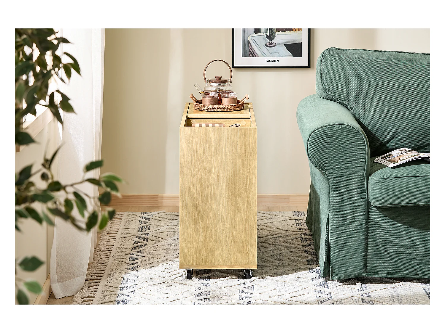 SoBuy FBT152-N - Table d'appoint à roulettes 2 portes coulissantes Naturel L30cm x L70cm x H60cm