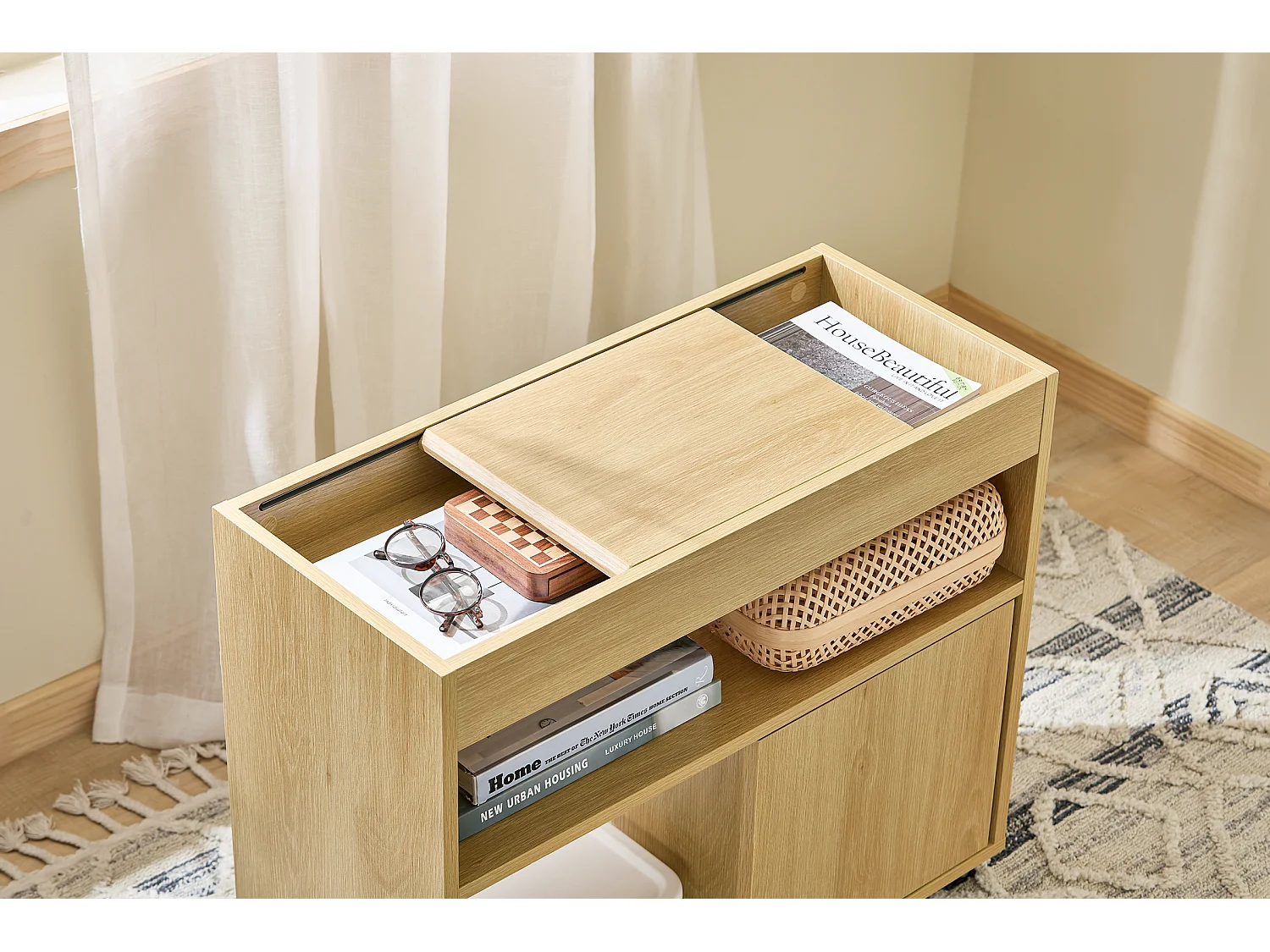 SoBuy FBT152-N - Table d'appoint à roulettes 2 portes coulissantes Naturel L30cm x L70cm x H60cm