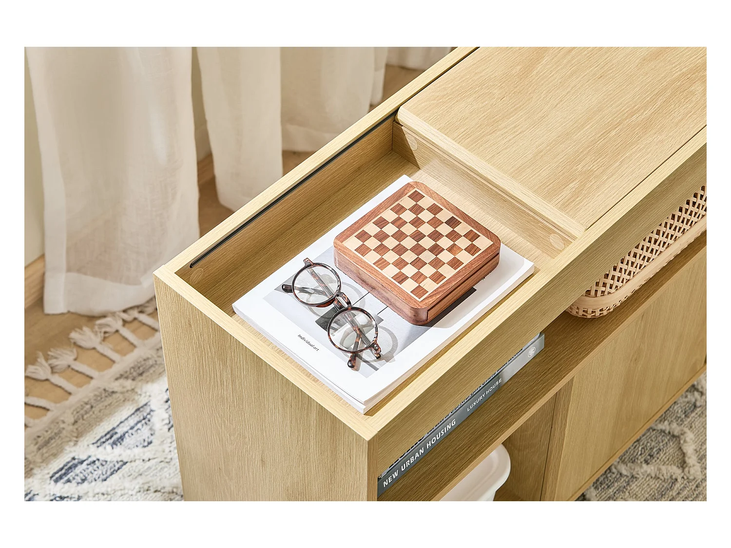 SoBuy FBT152-N - Table d'appoint à roulettes 2 portes coulissantes Naturel L30cm x L70cm x H60cm