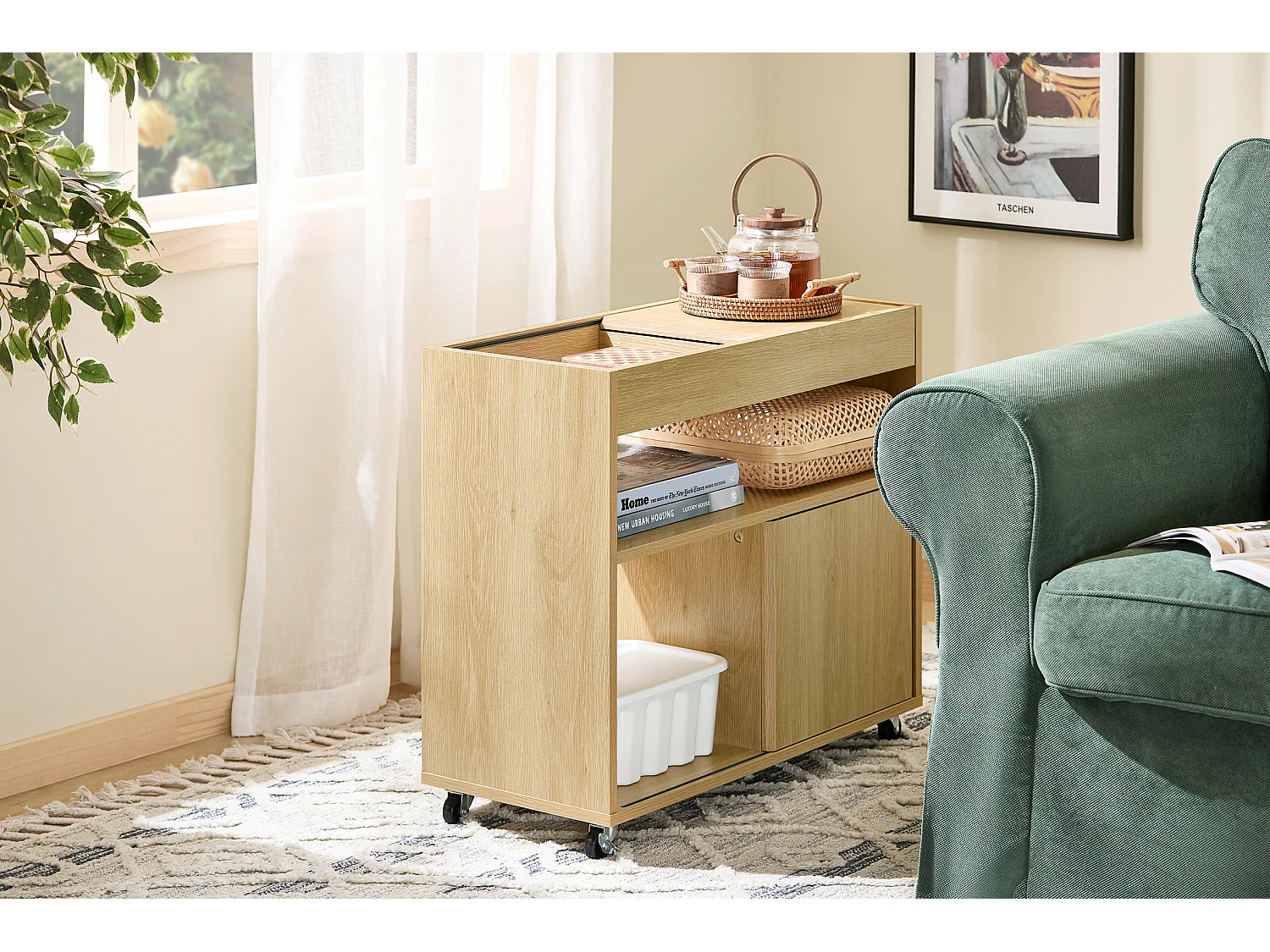 SoBuy FBT152-N - Table d'appoint à roulettes 2 portes coulissantes Naturel L30cm x L70cm x H60cm