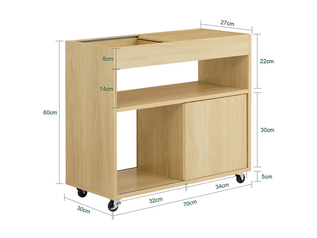SoBuy FBT152-N - Table d'appoint à roulettes 2 portes coulissantes Naturel L30cm x L70cm x H60cm