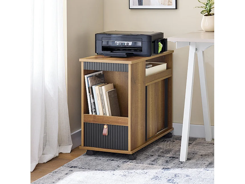 SoBuy FBT143-PF Bout de Canapé sur Roulettes Table de Chevet Table d'Appoint avec 1 Tiroir, 2 Compartiments Ouverts et 4 Portes