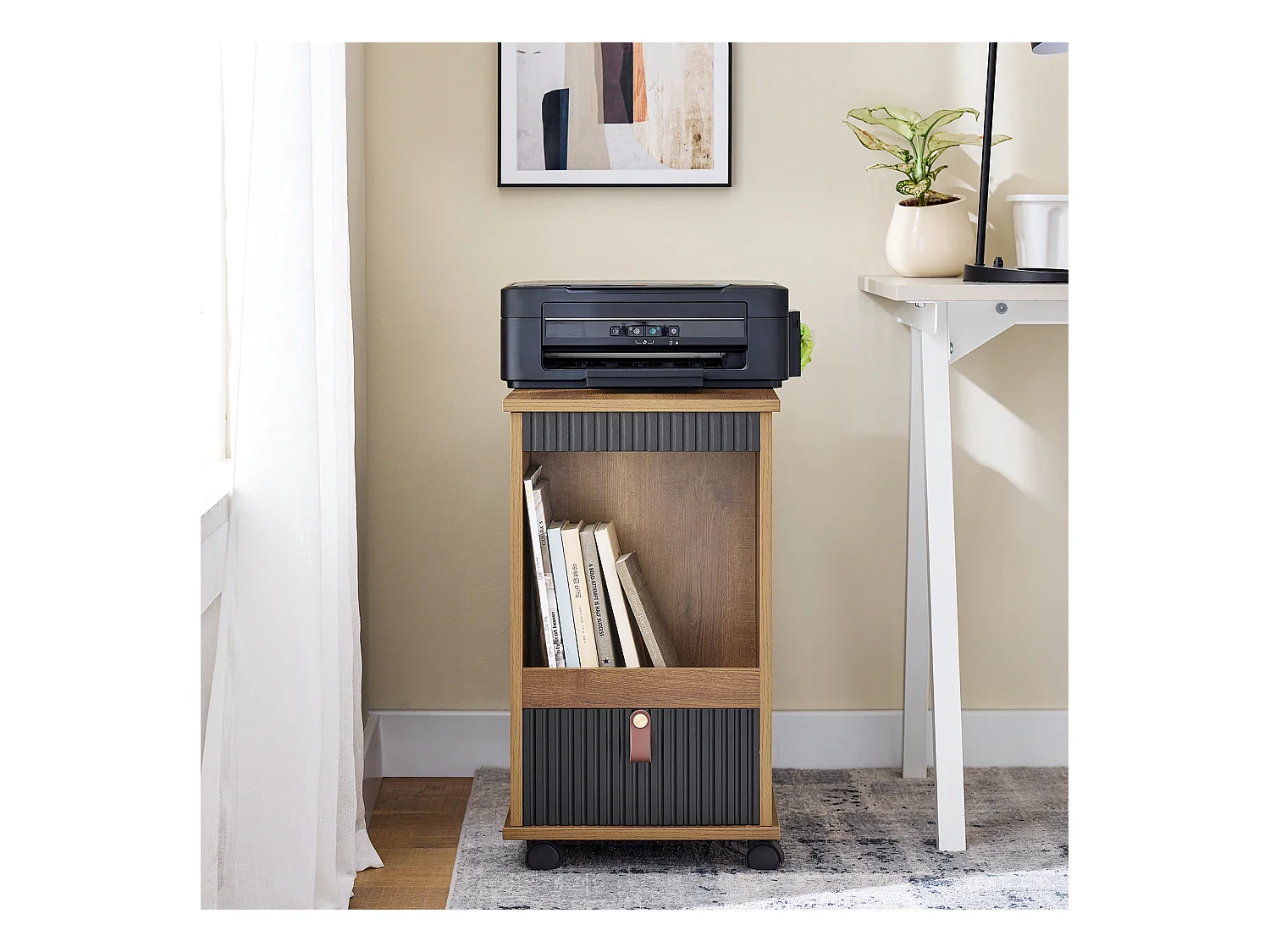 SoBuy FBT143-PF Bout de Canapé sur Roulettes Table de Chevet Table d'Appoint avec 1 Tiroir, 2 Compartiments Ouverts et 4 Portes