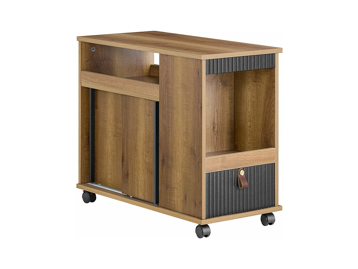 SoBuy FBT143-PF Bout de Canapé sur Roulettes Table de Chevet Table d'Appoint avec 1 Tiroir, 2 Compartiments Ouverts et 4 Portes