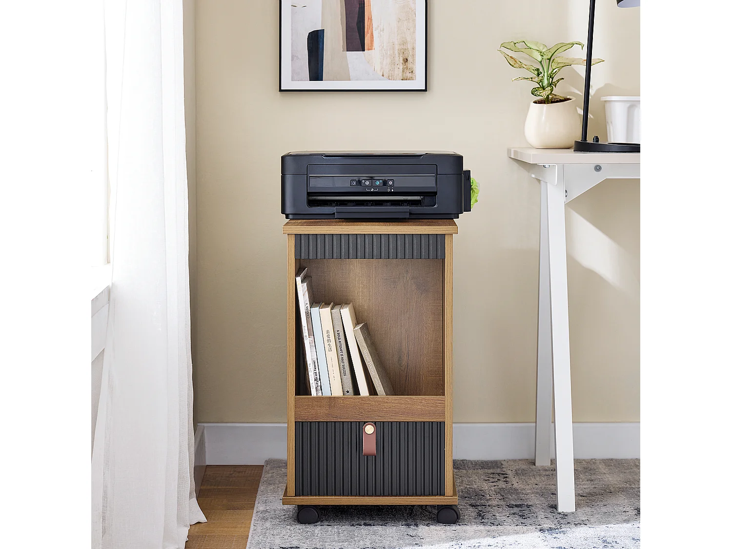 SoBuy FBT143-PF Bout de Canapé sur Roulettes Table de Chevet Table d'Appoint avec 1 Tiroir, 2 Compartiments Ouverts et 4 Portes