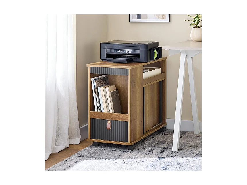 SoBuy FBT143-PF Bout de Canapé sur Roulettes Table de Chevet Table d'Appoint avec 1 Tiroir, 2 Compartiments Ouverts et 4 Portes