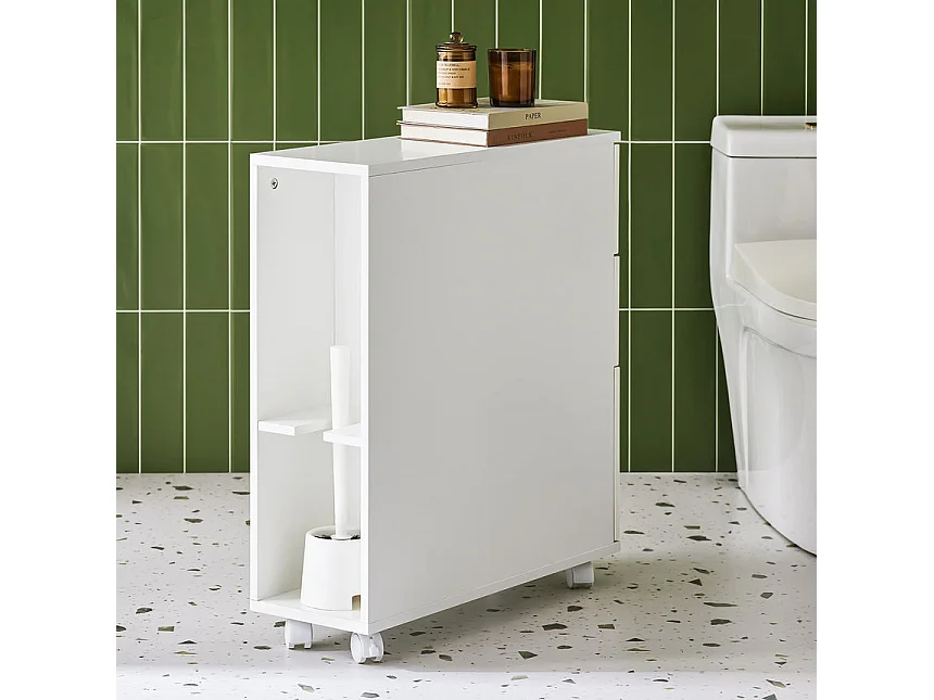 SoBuy BZR183-W Armoire Toilettes WC Support Papier Toilette Meuble de Salle de Bain, Armoire de Salle de Bain sur Roulettes, 1 Porte-Brosse à WC et 3 Tiroirs, Blanc