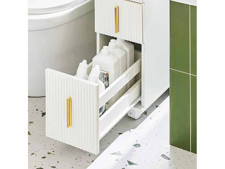 SoBuy BZR183-W Armoire Toilettes WC Support Papier Toilette Meuble de Salle de Bain, Armoire de Salle de Bain sur Roulettes, 1 Porte-Brosse à WC et 3 Tiroirs, Blanc
