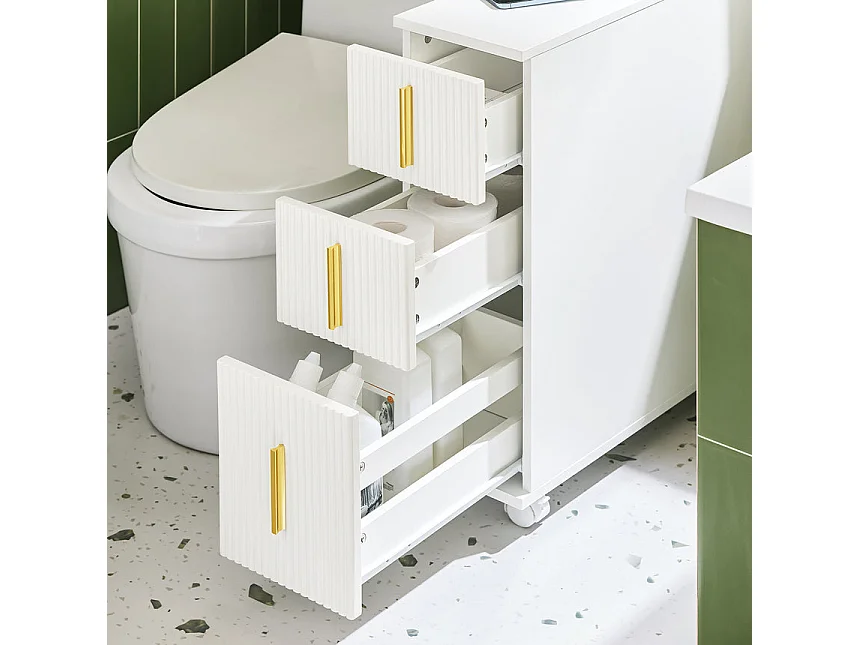 SoBuy BZR183-W Armoire Toilettes WC Support Papier Toilette Meuble de Salle de Bain, Armoire de Salle de Bain sur Roulettes, 1 Porte-Brosse à WC et 3 Tiroirs, Blanc