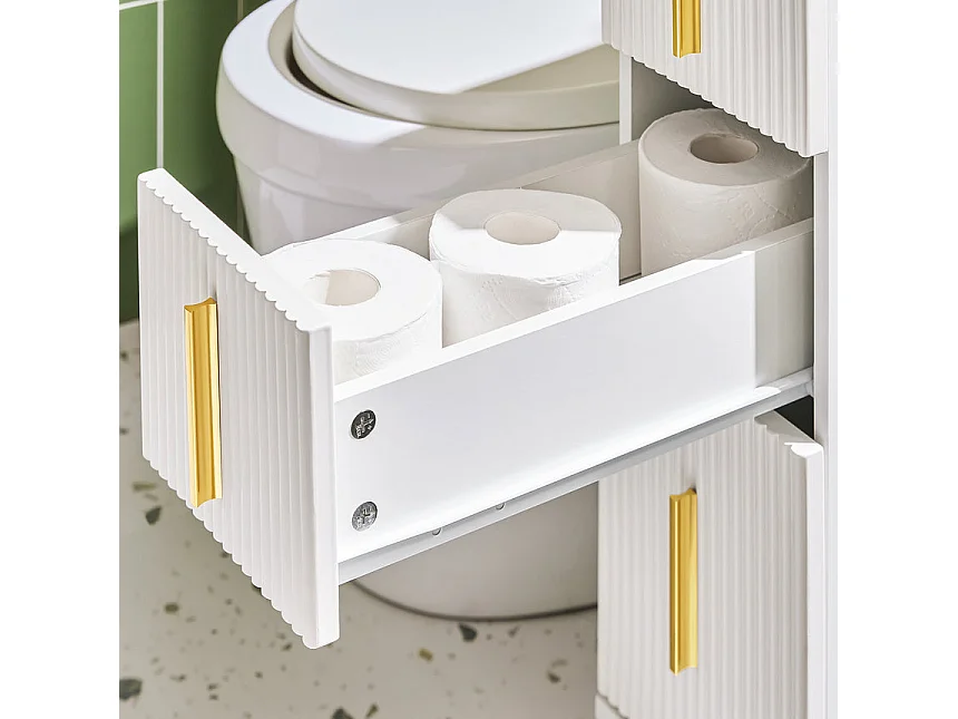 SoBuy BZR183-W Armoire Toilettes WC Support Papier Toilette Meuble de Salle de Bain, Armoire de Salle de Bain sur Roulettes, 1 Porte-Brosse à WC et 3 Tiroirs, Blanc