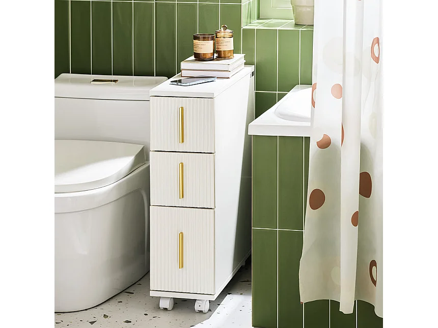 SoBuy BZR183-W Armoire Toilettes WC Support Papier Toilette Meuble de Salle de Bain, Armoire de Salle de Bain sur Roulettes, 1 Porte-Brosse à WC et 3 Tiroirs, Blanc