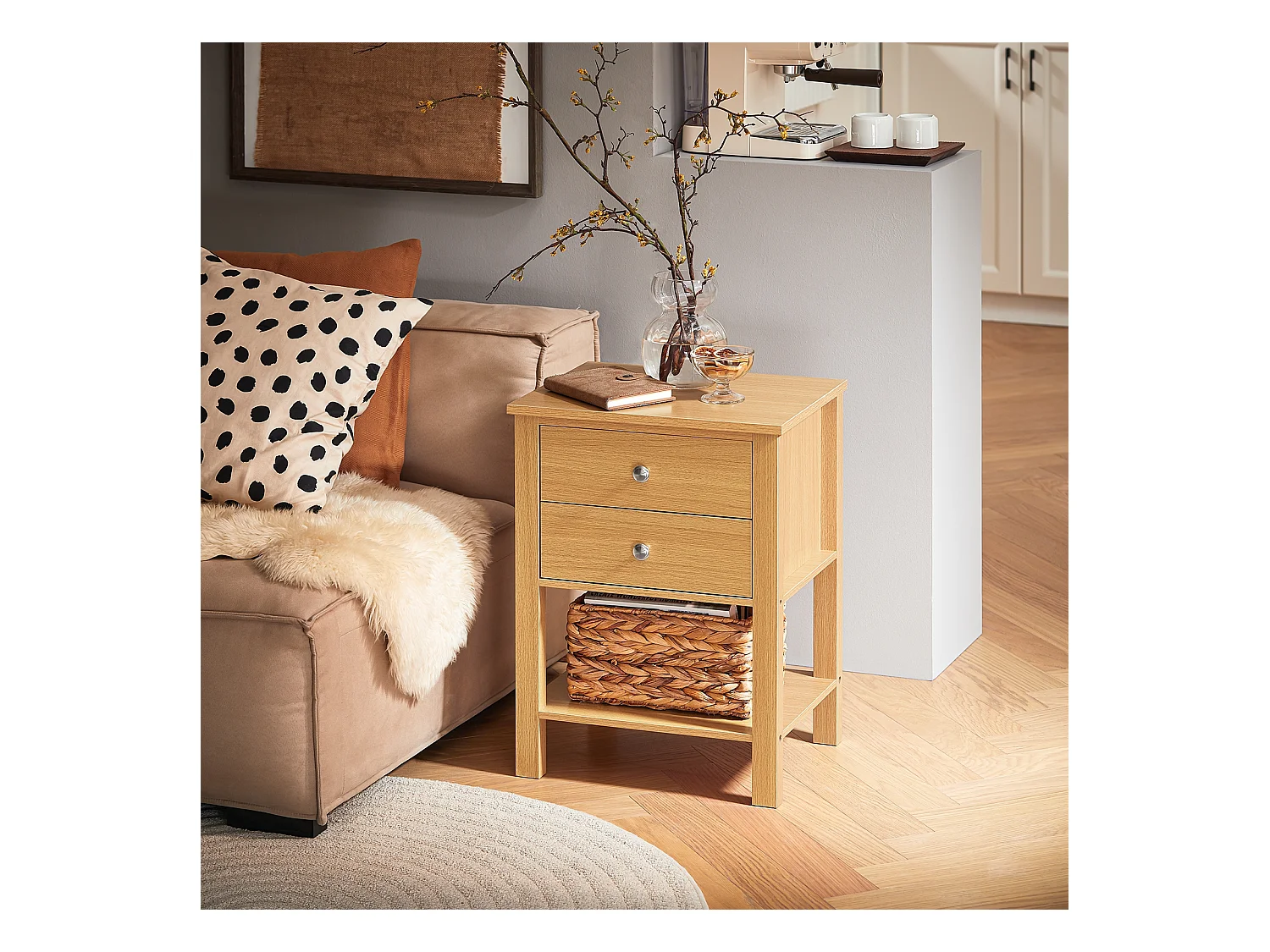 SoBuy FBT114-N Table de Chevet Bout de Canapé Table de Nuit Table d'Appoint Table Basse avec 1 Étagère et 2 Tiroirs