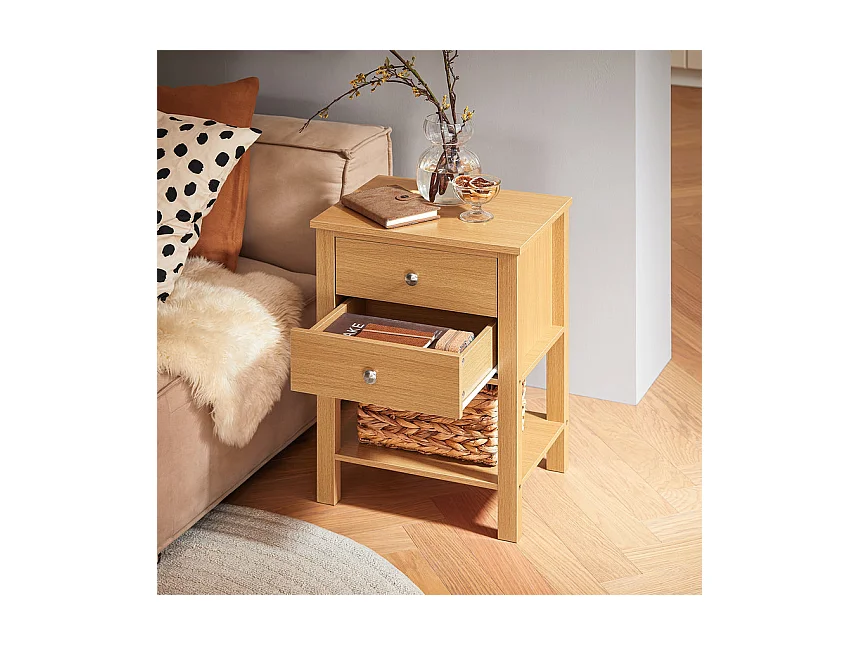 SoBuy FBT114-N Table de Chevet Bout de Canapé Table de Nuit Table d'Appoint Table Basse avec 1 Étagère et 2 Tiroirs