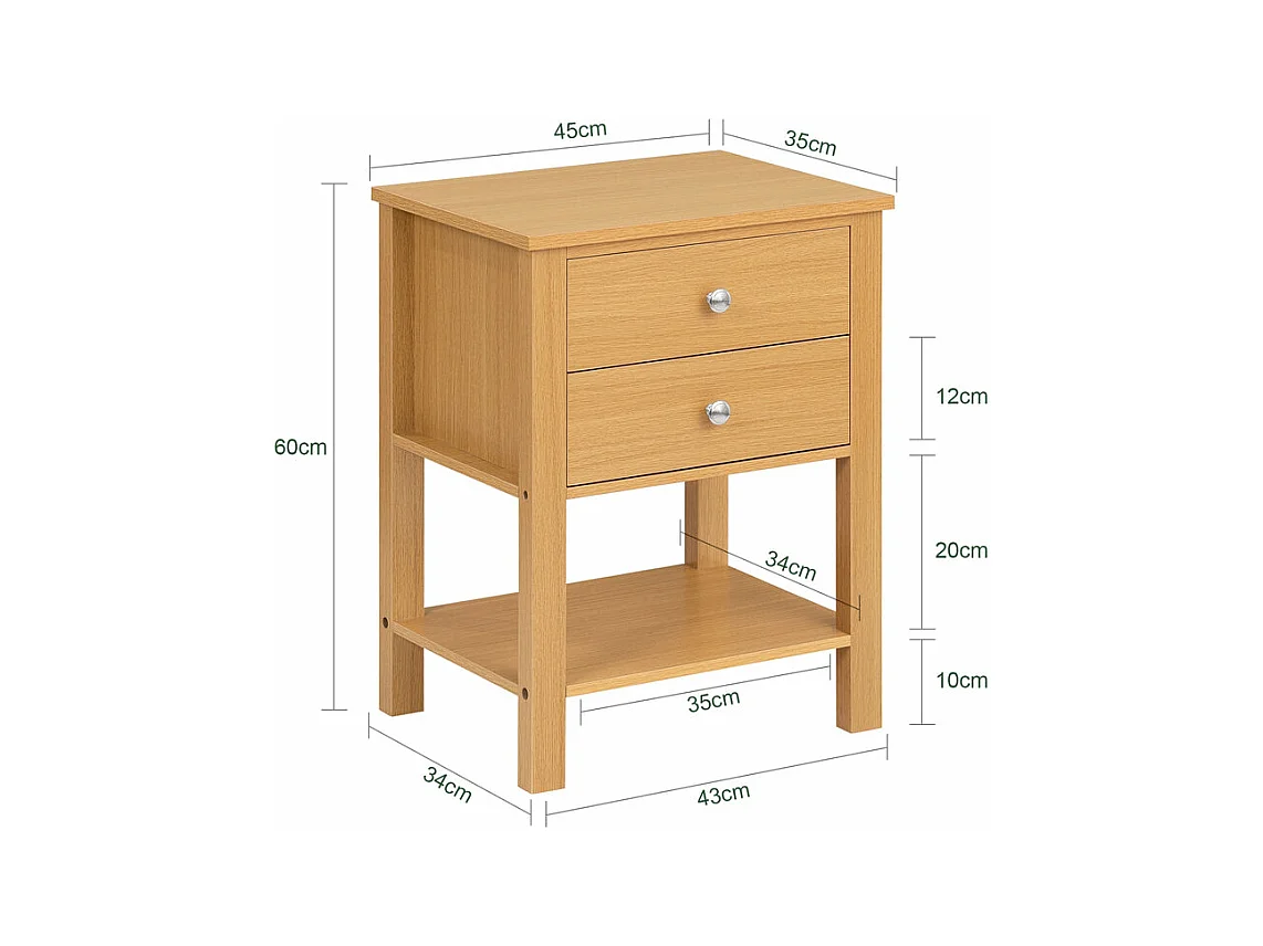 SoBuy FBT114-N Table de Chevet Bout de Canapé Table de Nuit Table d'Appoint Table Basse avec 1 Étagère et 2 Tiroirs