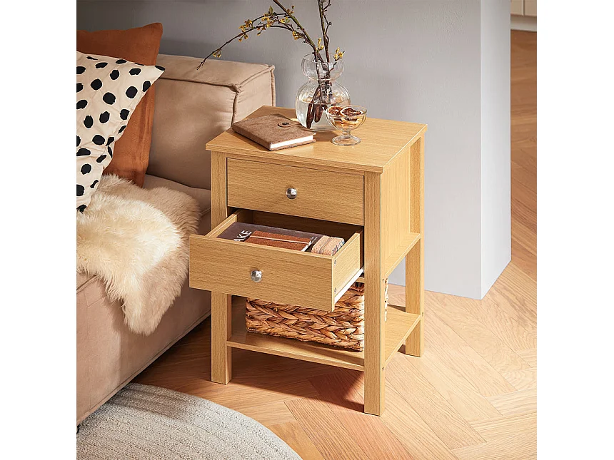 SoBuy FBT114-N Table de Chevet Bout de Canapé Table de Nuit Table d'Appoint Table Basse avec 1 Étagère et 2 Tiroirs