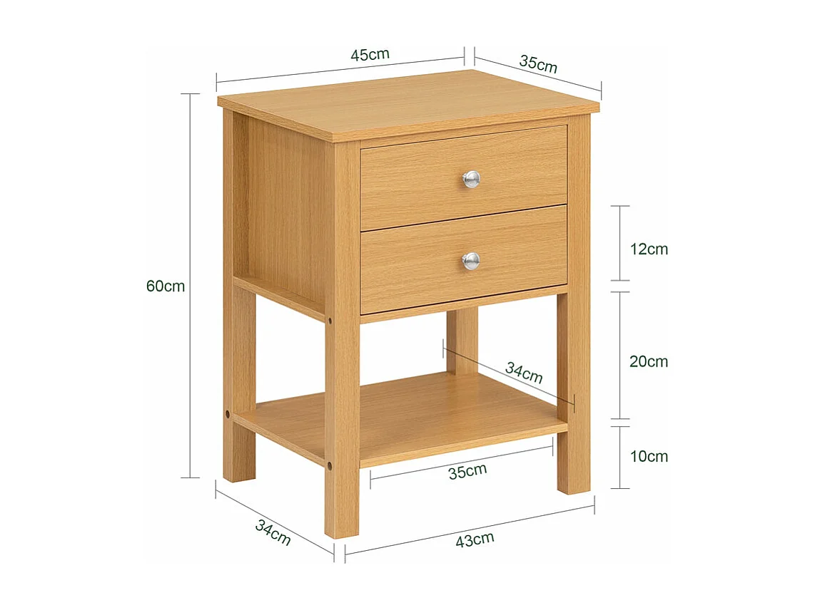 SoBuy FBT114-N Table de Chevet Bout de Canapé Table de Nuit Table d'Appoint Table Basse avec 1 Étagère et 2 Tiroirs