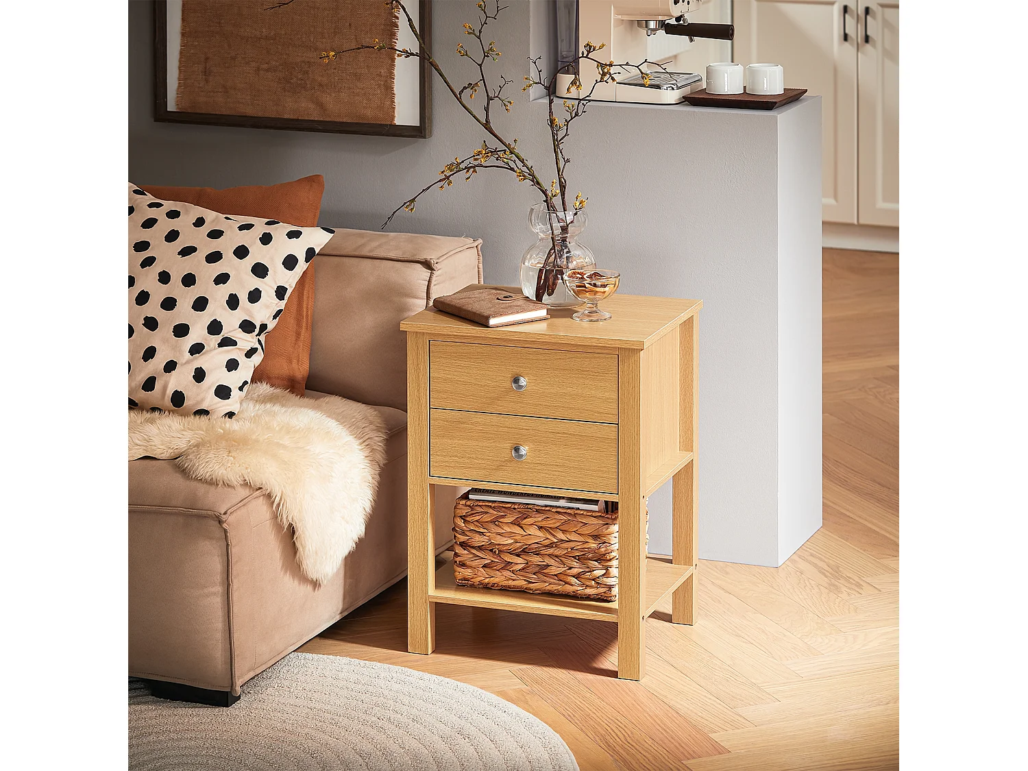 SoBuy FBT114-N Table de Chevet Bout de Canapé Table de Nuit Table d'Appoint Table Basse avec 1 Étagère et 2 Tiroirs