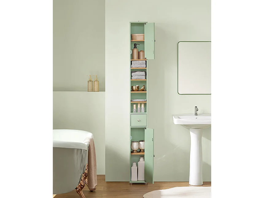 SoBuy Meuble Colonne Salle de Bain, Armoire Étroite 1 Tiroir, 2 Portes, 5 Compartiments, Étagères Réglables, Vert - BZR34-GR