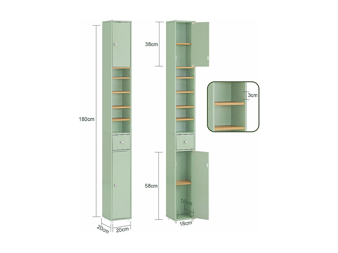 SoBuy Meuble Colonne Salle de Bain, Armoire Étroite 1 Tiroir, 2 Portes, 5 Compartiments, Étagères Réglables, Vert - BZR34-GR