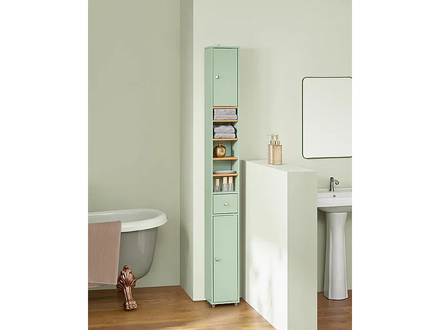 SoBuy Meuble Colonne Salle de Bain, Armoire Étroite 1 Tiroir, 2 Portes, 5 Compartiments, Étagères Réglables, Vert - BZR34-GR