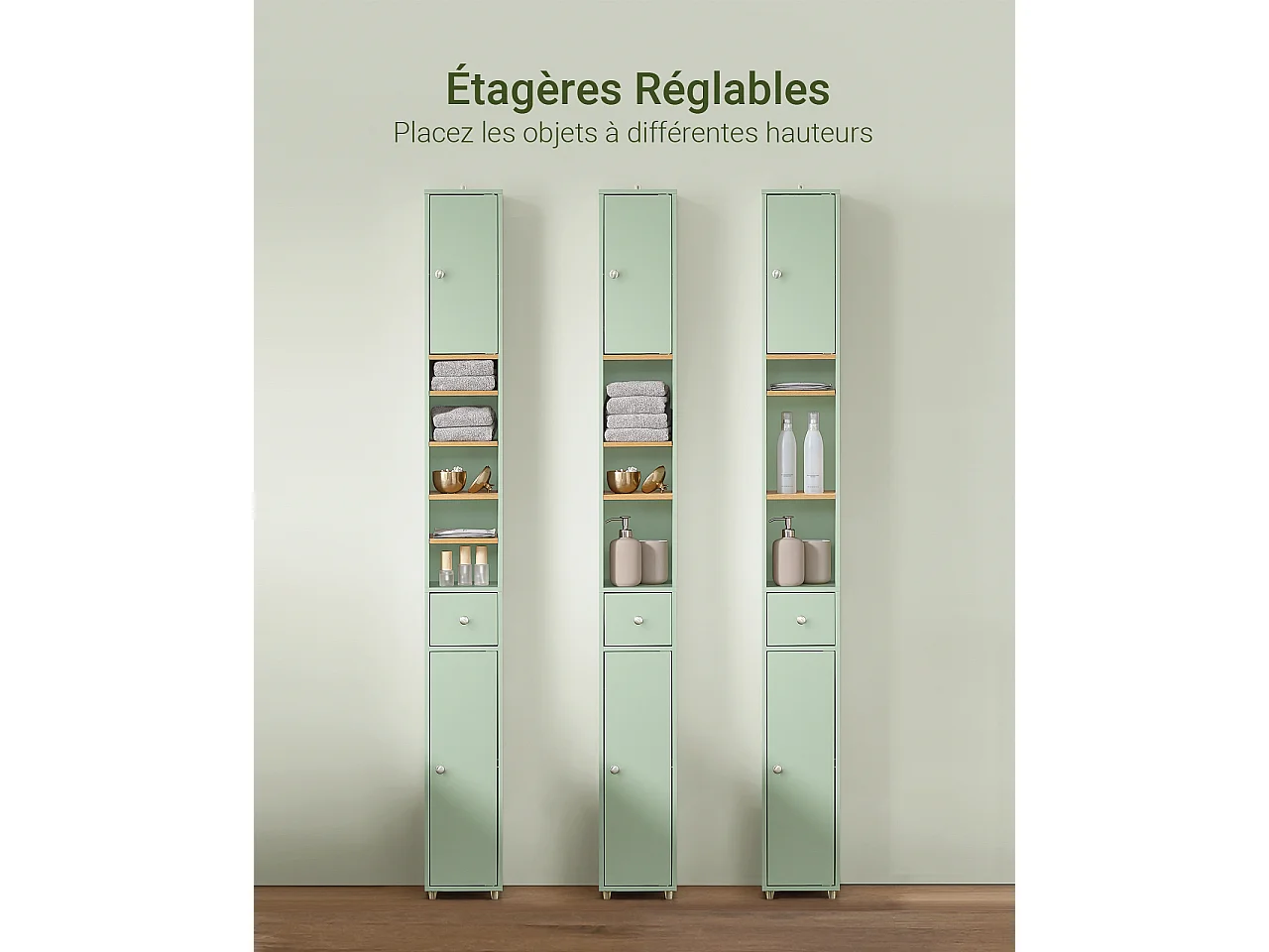 SoBuy Meuble Colonne Salle de Bain, Armoire Étroite 1 Tiroir, 2 Portes, 5 Compartiments, Étagères Réglables, Vert - BZR34-GR