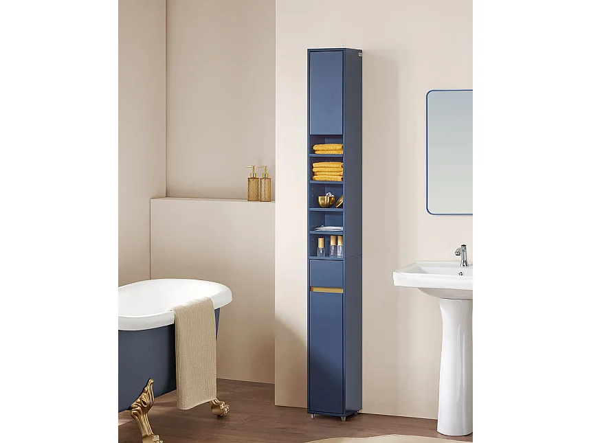 SoBuy Meuble Colonne Salle de Bain, Armoire Étroite 1 Tiroir, 2 Portes, 5 Compartiments, Étagères Réglables, Bleu BZR34-B