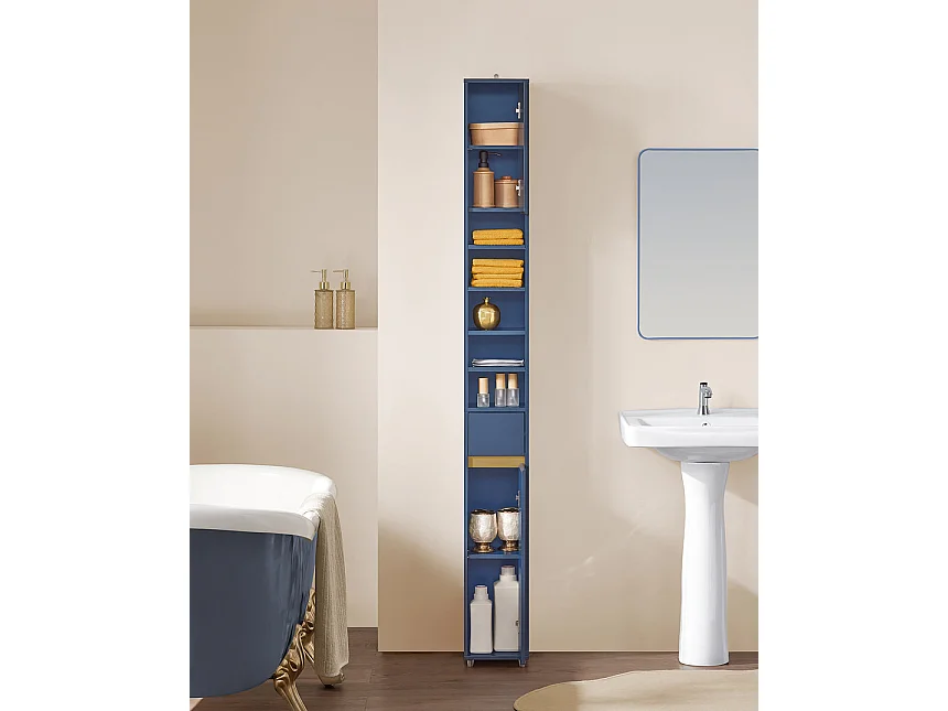 SoBuy Meuble Colonne Salle de Bain, Armoire Étroite 1 Tiroir, 2 Portes, 5 Compartiments, Étagères Réglables, Bleu BZR34-B