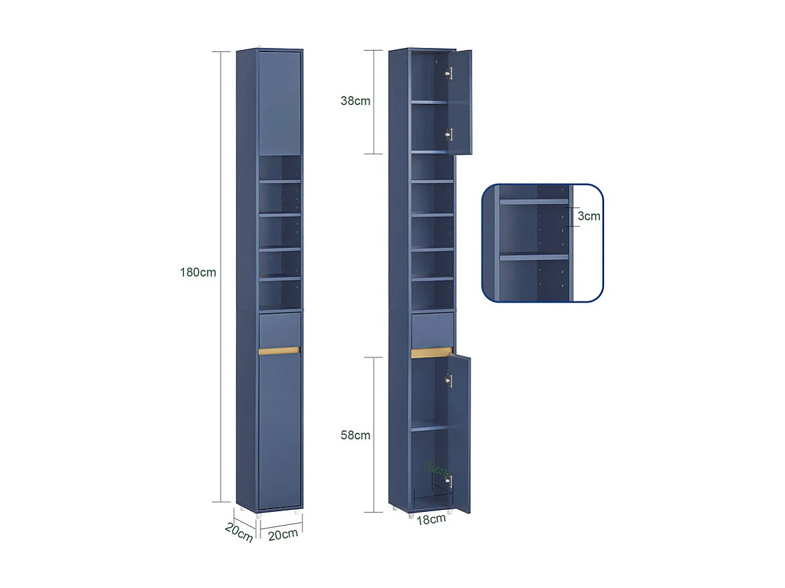 SoBuy Meuble Colonne Salle de Bain, Armoire Étroite 1 Tiroir, 2 Portes, 5 Compartiments, Étagères Réglables, Bleu BZR34-B
