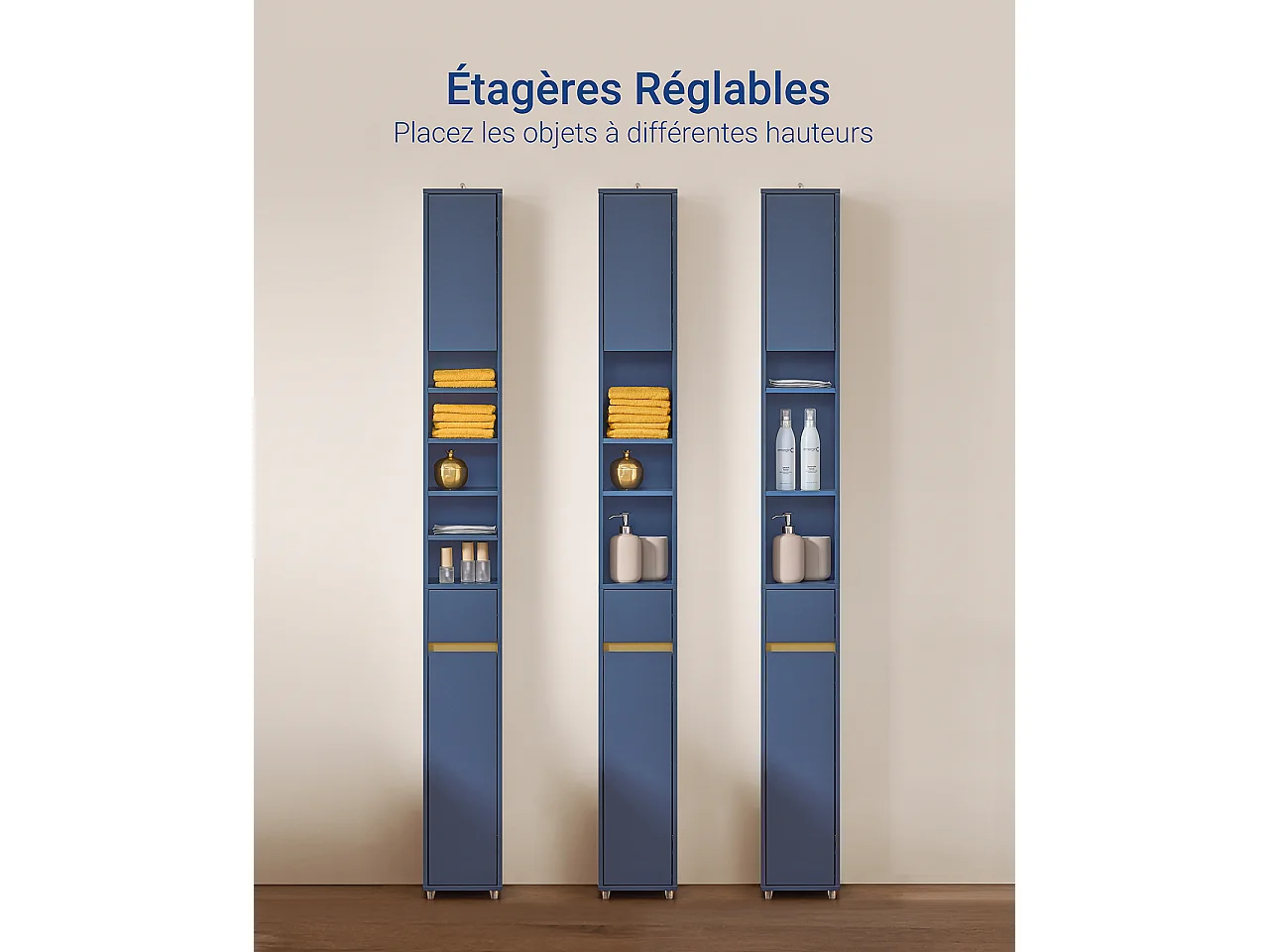 SoBuy Meuble Colonne Salle de Bain, Armoire Étroite 1 Tiroir, 2 Portes, 5 Compartiments, Étagères Réglables, Bleu BZR34-B