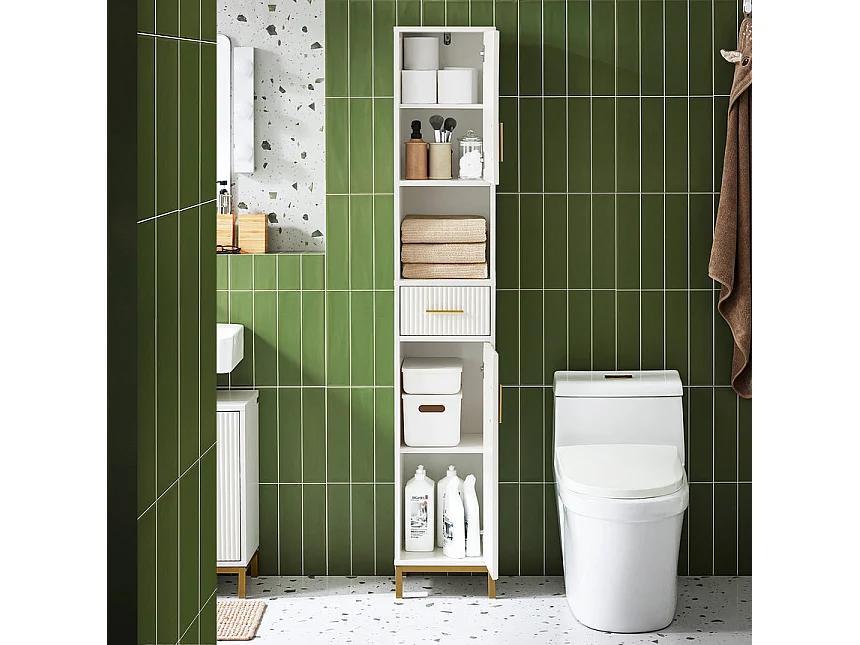 SoBuy BZR181-W Meuble Colonne Salle de Bain, Armoire de Rangement Placard de Rangement Étroite, 1 Compartiment Ouvert, 1 Tiroir et 2 Portes, Blanc