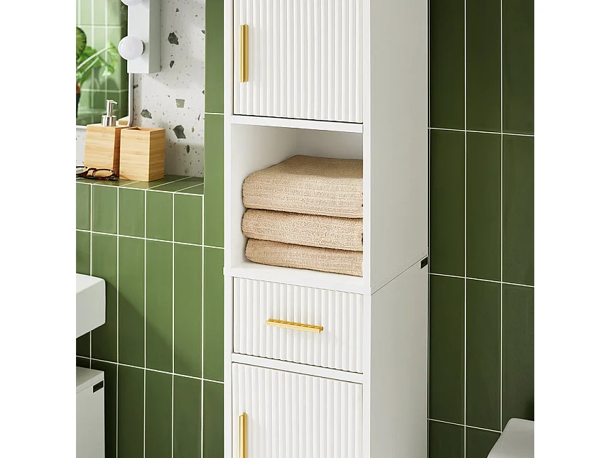 SoBuy BZR181-W Meuble Colonne Salle de Bain, Armoire de Rangement Placard de Rangement Étroite, 1 Compartiment Ouvert, 1 Tiroir et 2 Portes, Blanc