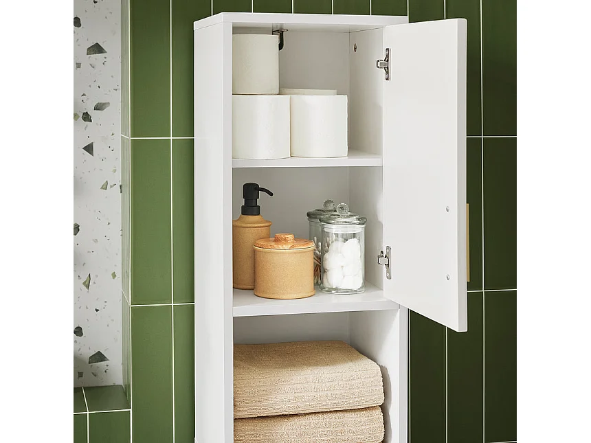 SoBuy BZR181-W Meuble Colonne Salle de Bain, Armoire de Rangement Placard de Rangement Étroite, 1 Compartiment Ouvert, 1 Tiroir et 2 Portes, Blanc