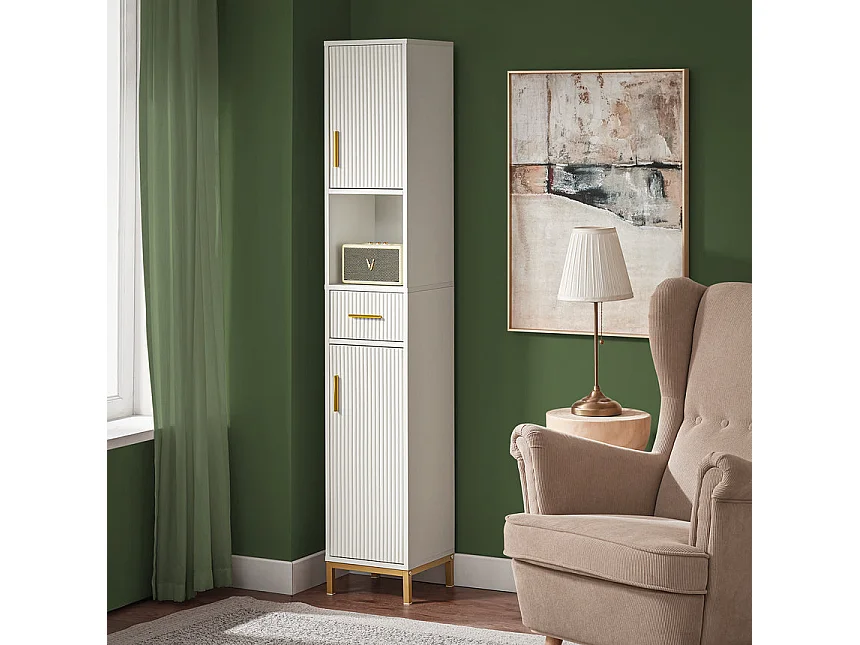 SoBuy BZR181-W Meuble Colonne Salle de Bain, Armoire de Rangement Placard de Rangement Étroite, 1 Compartiment Ouvert, 1 Tiroir et 2 Portes, Blanc