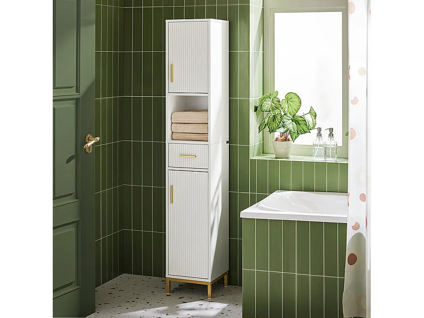 SoBuy BZR181-W Meuble Colonne Salle de Bain, Armoire de Rangement Placard de Rangement Étroite, 1 Compartiment Ouvert, 1 Tiroir et 2 Portes, Blanc