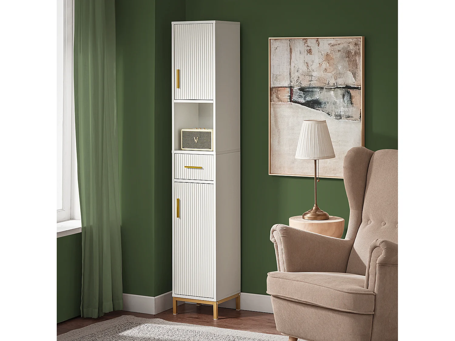 SoBuy BZR181-W Meuble Colonne Salle de Bain, Armoire de Rangement Placard de Rangement Étroite, 1 Compartiment Ouvert, 1 Tiroir et 2 Portes, Blanc