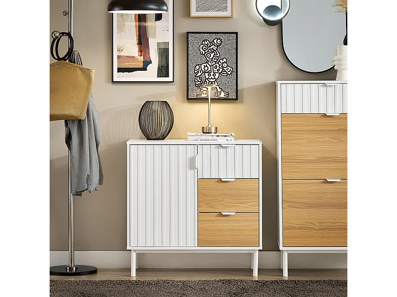 SoBuy FSB91-WN Meuble Chaussures, Commode, Buffet Multifonctionnel pour Entrée, Meuble de Rangement avec 3 Tiroirs et 1 Porte