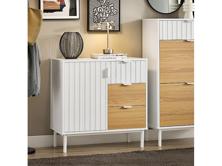 SoBuy FSB91-WN Meuble Chaussures, Commode, Buffet Multifonctionnel pour Entrée, Meuble de Rangement avec 3 Tiroirs et 1 Porte