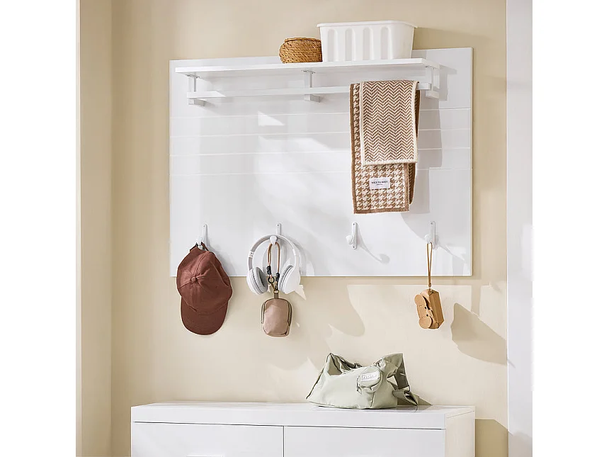 SoBuy FHK36-W Porte-manteau Mural, Étagère Murale, Porte-manteau d'Entrée, Patères avec Étagère Suspendue, Étagère Rangement avec 4 crochets et 1 étagère, Blanc, L1