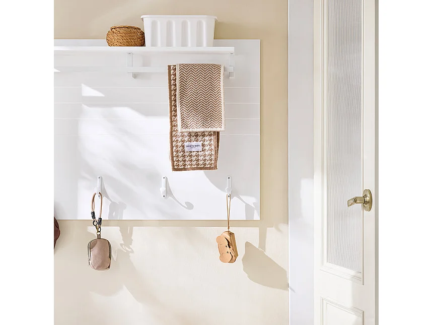 SoBuy FHK36-W Porte-manteau Mural, Étagère Murale, Porte-manteau d'Entrée, Patères avec Étagère Suspendue, Étagère Rangement avec 4 crochets et 1 étagère, Blanc, L1