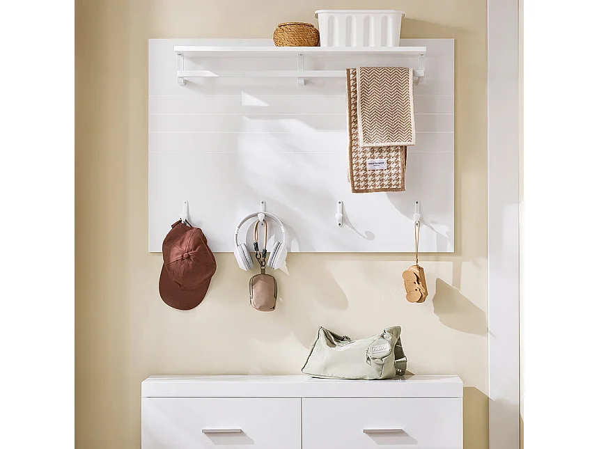 SoBuy FHK36-W Porte-manteau Mural, Étagère Murale, Porte-manteau d'Entrée, Patères avec Étagère Suspendue, Étagère Rangement avec 4 crochets et 1 étagère, Blanc, L1