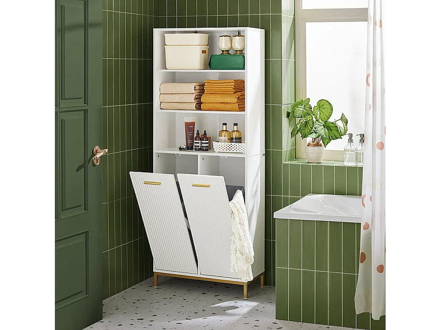 SoBuy Armoire de Salle de Bain Haute avec Sac à Linge, 2 Portes, 2 Paniers Amovibles, 3 Compartiments Ouverts, 65x32x170 cm, Blanc BZR182-W