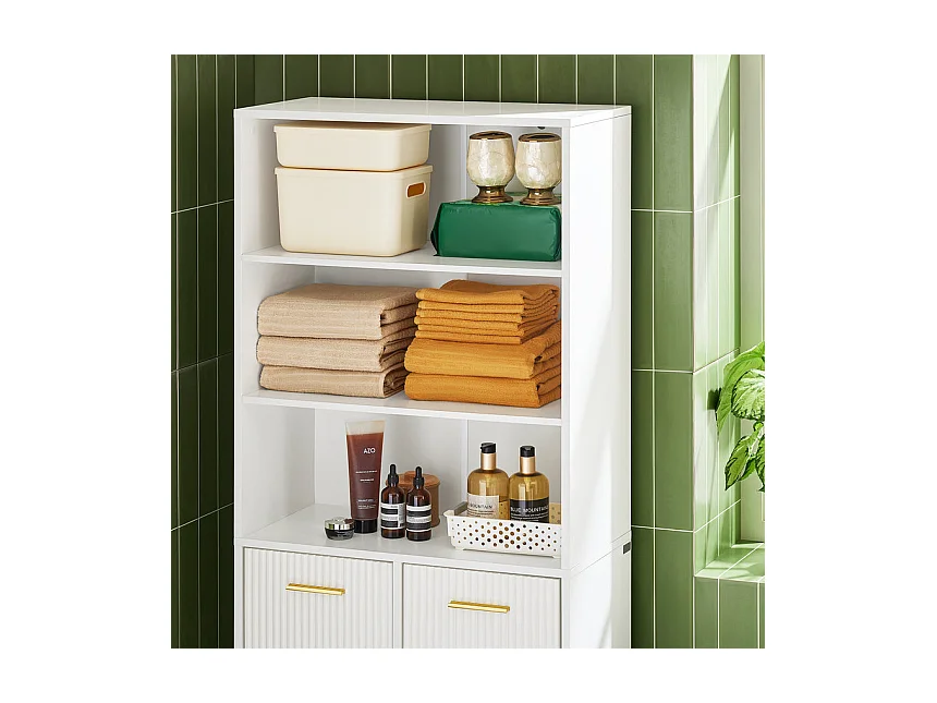 SoBuy Armoire de Salle de Bain Haute avec Sac à Linge, 2 Portes, 2 Paniers Amovibles, 3 Compartiments Ouverts, 65x32x170 cm, Blanc BZR182-W