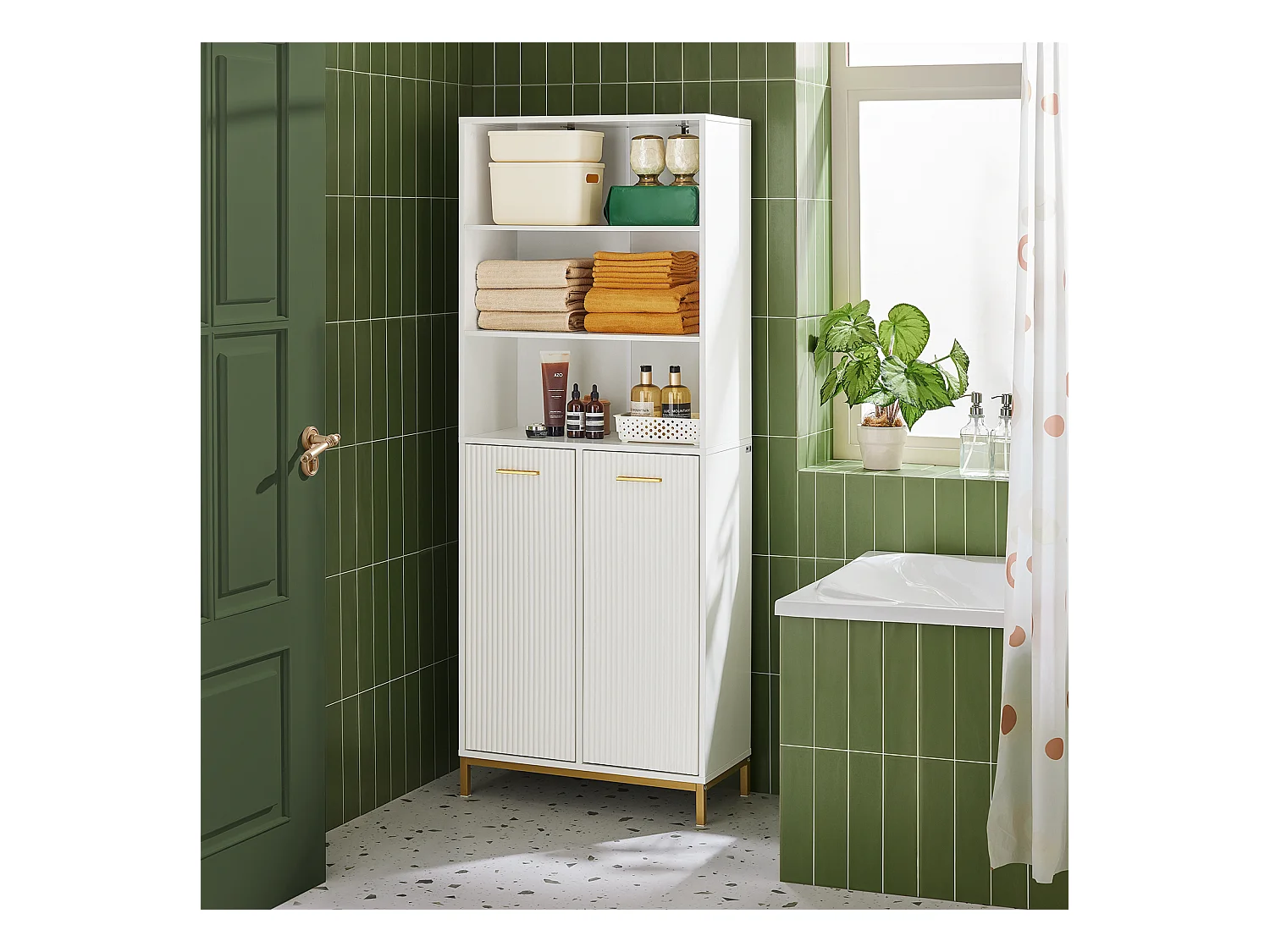 SoBuy Armoire de Salle de Bain Haute avec Sac à Linge, 2 Portes, 2 Paniers Amovibles, 3 Compartiments Ouverts, 65x32x170 cm, Blanc BZR182-W